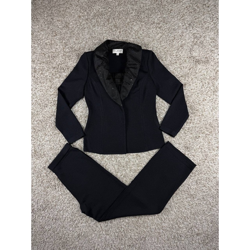 St. John Evening 3 Piece Black Santana Knit Suit Set Jacket Top Pants Size 8